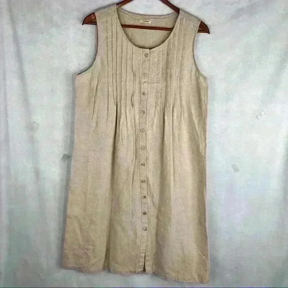 LL.Bean 100% Linen Oatmeal Color Sleeveless Button up Dress Measurement Included - Picture 1 of 10